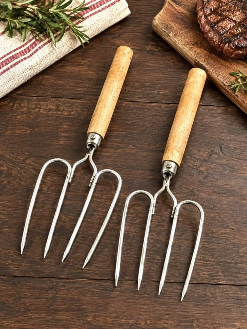 Vintage 2 Prong BBQ Meat Forks Set of 2 Wood Handle Barbecue Cooking Tools
